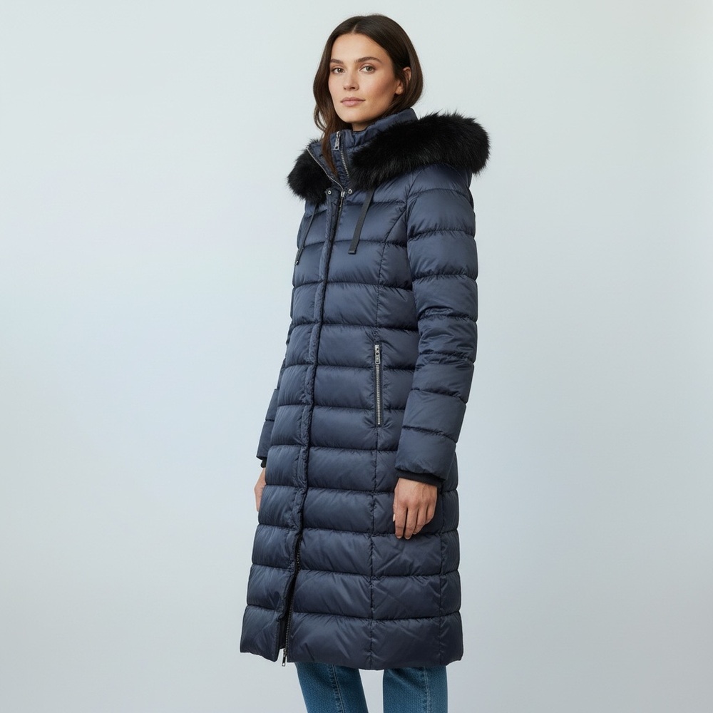 TAHARI Nellie Maxi Puffer Jacket Faux Fur Removable Trim Navy Black NEW XS